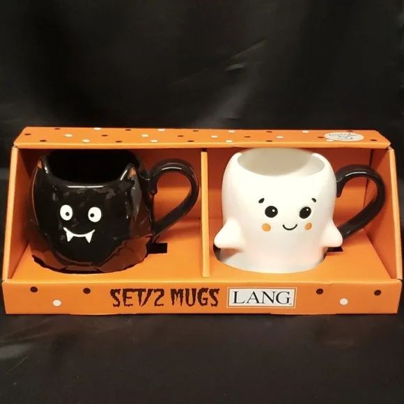 Lang NWT, NIB Set of 2 Halloween Mugs, Black Kitty Vampire and Ghost - Picture 1 of 7